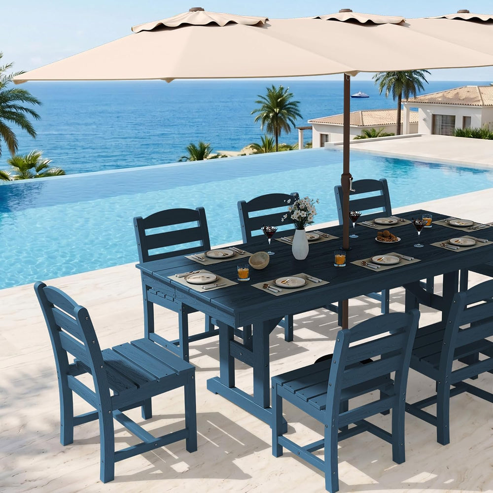 KINGYES Outdoor Dining Set,84'' Table w/Umbrella Hole & Armless C...