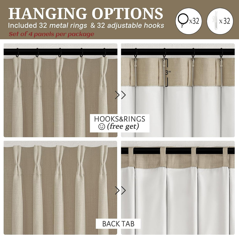 Pinch Pleated Linen Blackout Living Room Curtains 4 Panels Set 96 Inches Long...