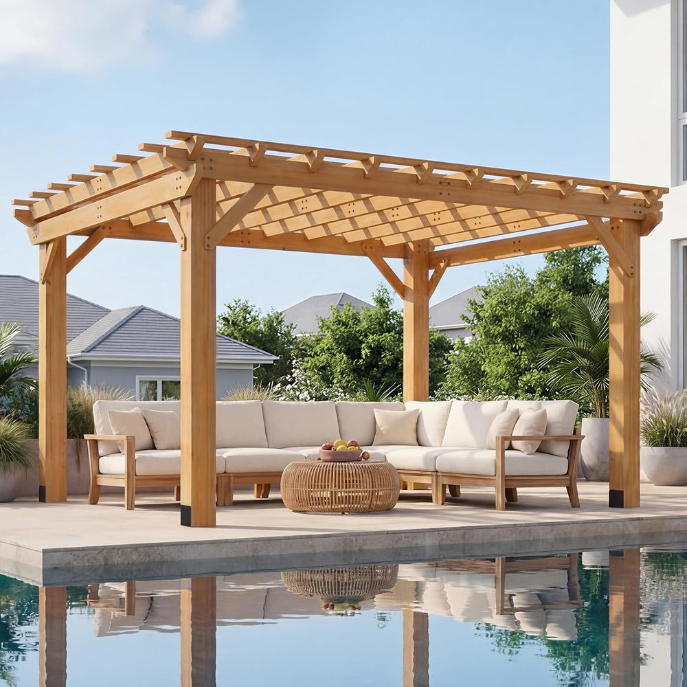 Aoxun Cedar Wood Pergola 10x12, Multi-Level Trellis Roof,100MPH Wind Rating