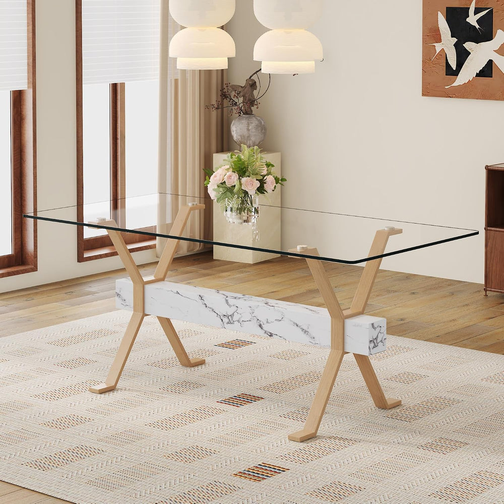 Glass Dining Table 71"｜Modern Dining Table for 6-8｜0.4" Thick Tempe...
