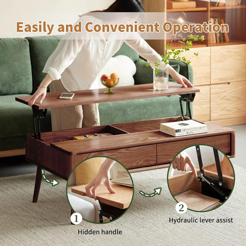 Wood Lift Top Coffee Table, 100% Solid Oak Wood Small Rising Dining Center Ta...
