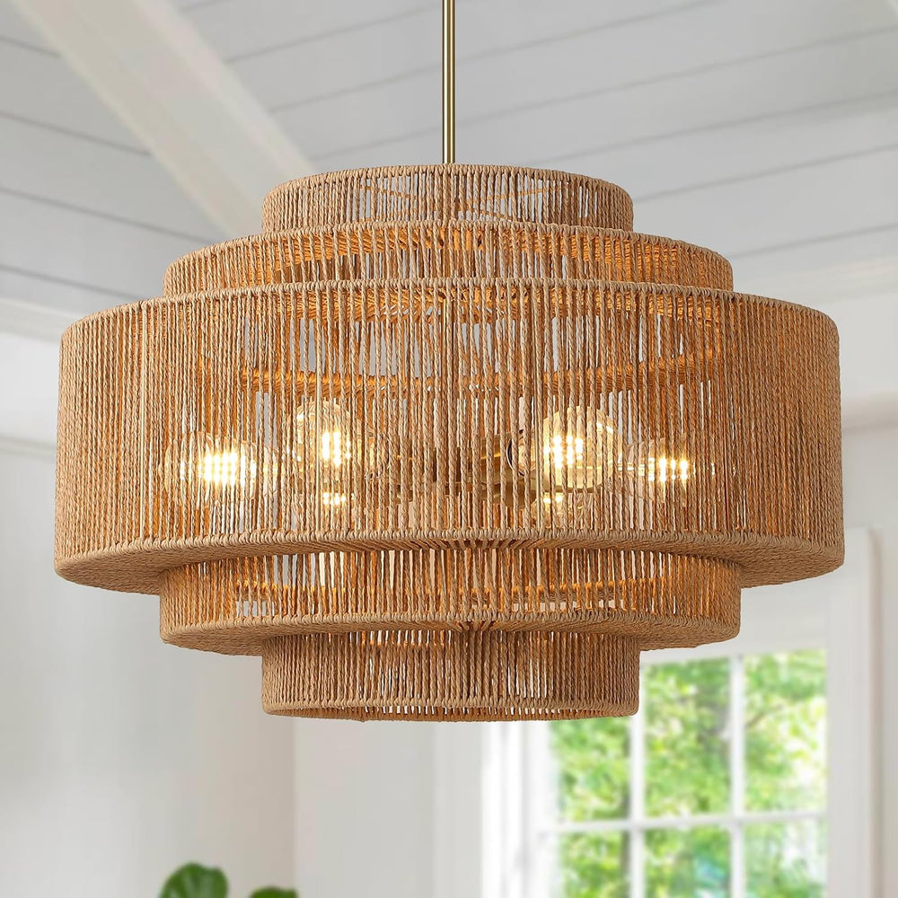 25.6" Boho Rattan Chandelier, 6-Light Large Wicker Light Fixture