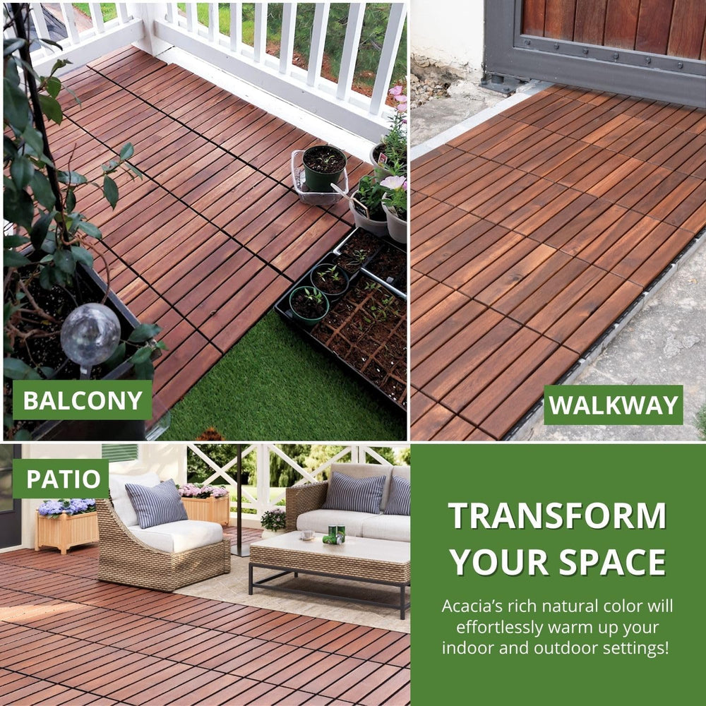 BEEFURNI Interlocking Acacia Wood Deck Tiles 12x12, 20PCS, Brown