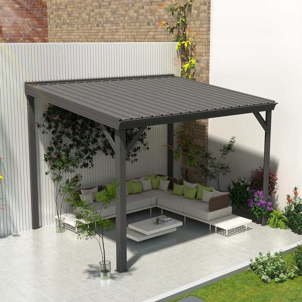 Domi 8’x10’ Wall-Mounted Hardtop Gazebo Pergola – Permanent Lean-to Outdoor S...