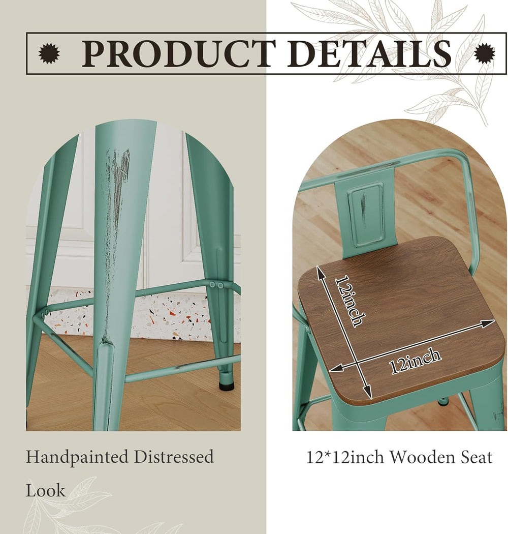 Andeworld Bar Stools Set of 4, 24" Distressed Barstools, Green Blue