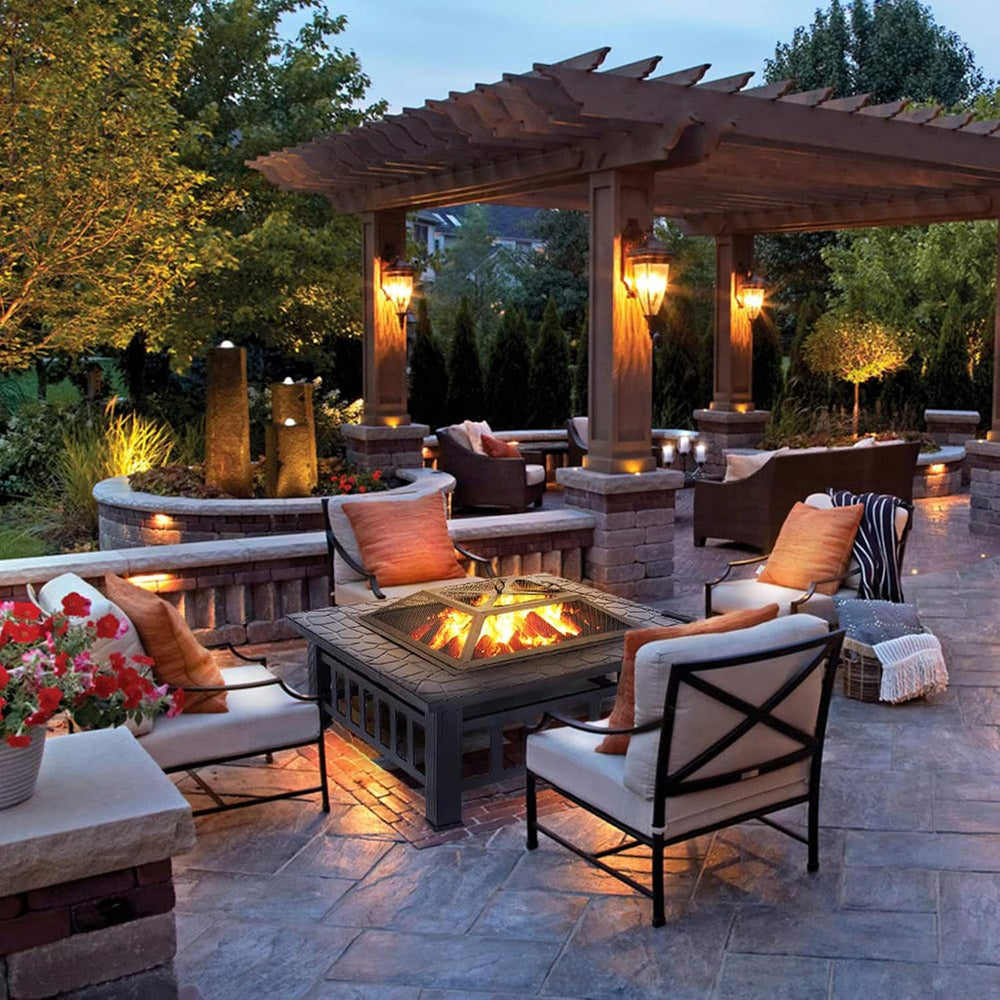 32'' Fire Pit Wood Burning Firepit Metal Square Outdoor Fire Pit Stee...