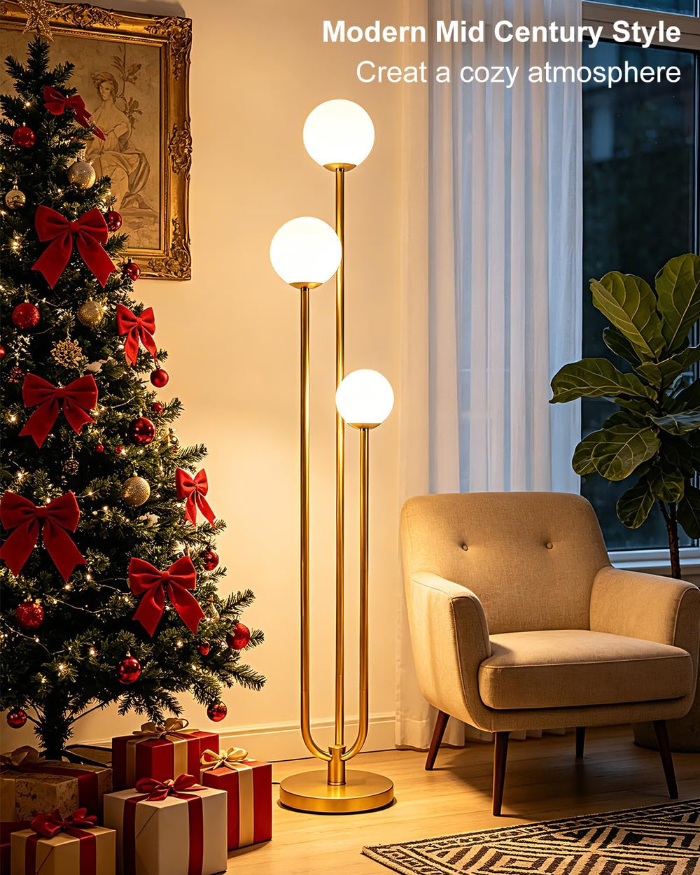 63IN 3-Light Dimmable Floor Lamp, Unique Gold Tall Standing Lamps with 3000K ...