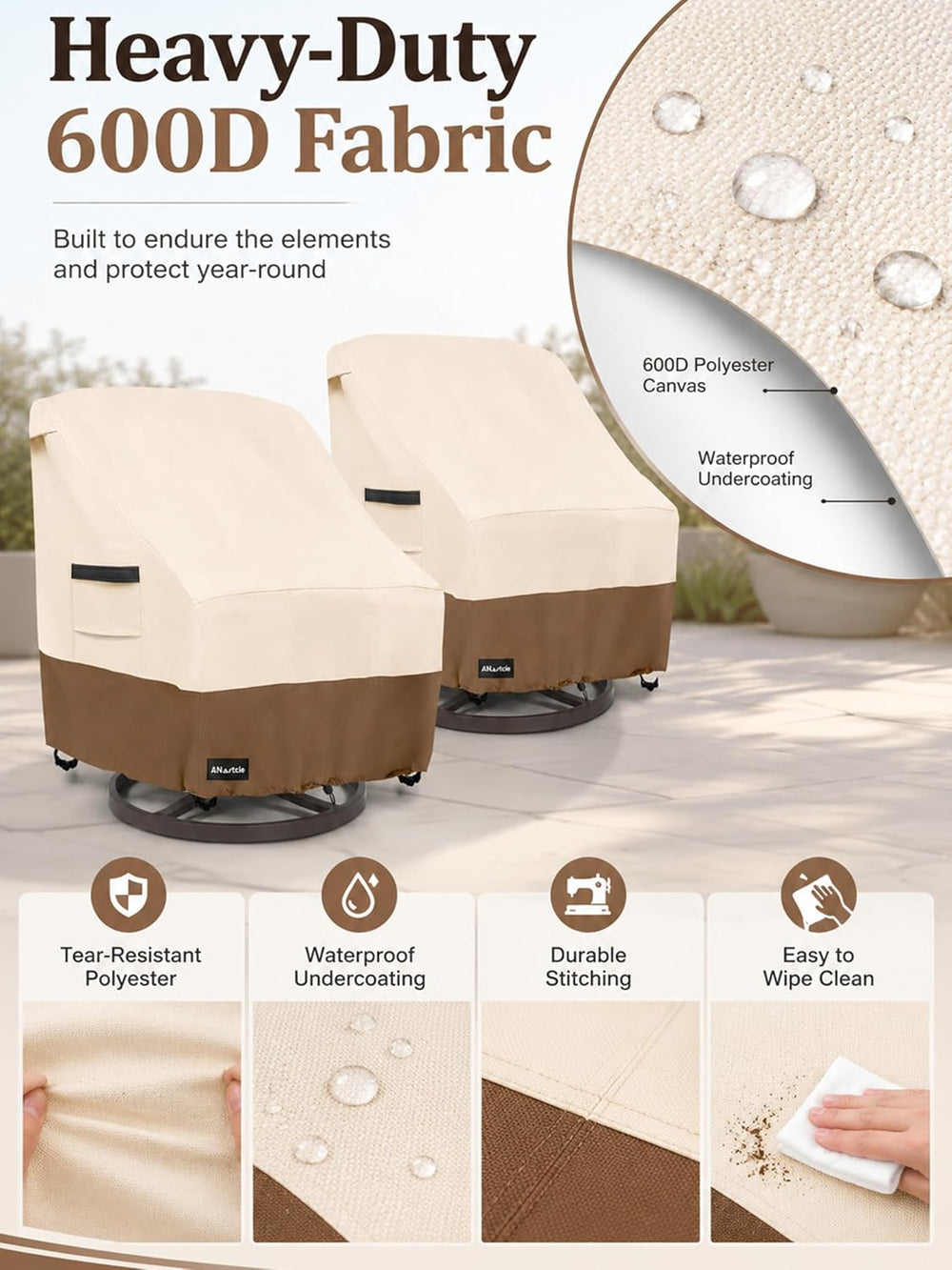 ANartcle Outdoor Swivel Lounge Chair Cover 2 Pack,600D Waterproof Heavy Duty ...