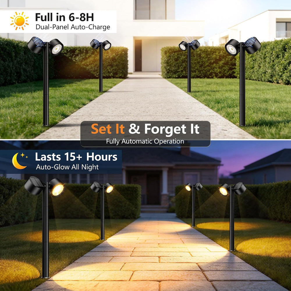 Solar Path Lights, Dual-Head with 2 Solar Panels & 2 Oversized Lenses