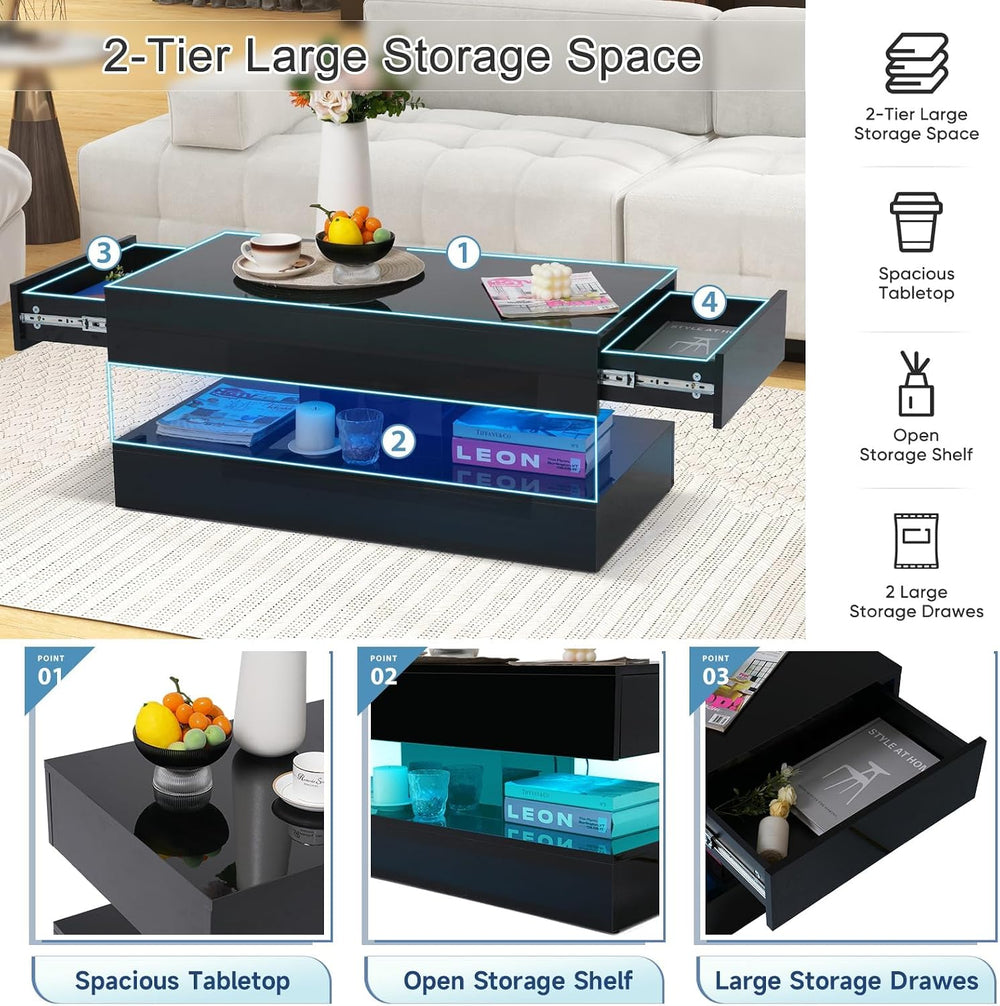 Verano Garden Modern High Gloss LED Coffee Table, 2-Tier Center Table