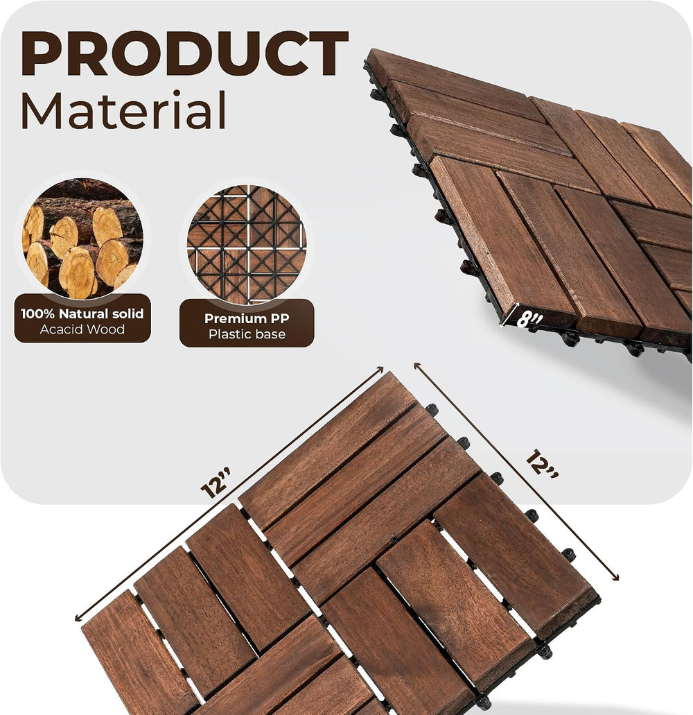 Interlocking Deck Tiles, 10 PCS 12" x 12" Acacia Wood, Dark Brown