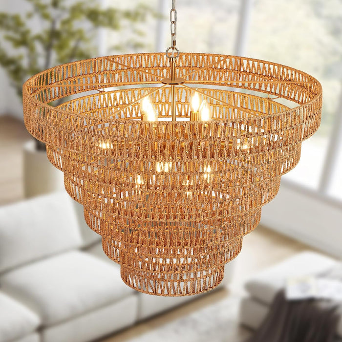 31.5" Large Gold Rattan Chandelier, 12-Light Hand-Woven 6-Tier