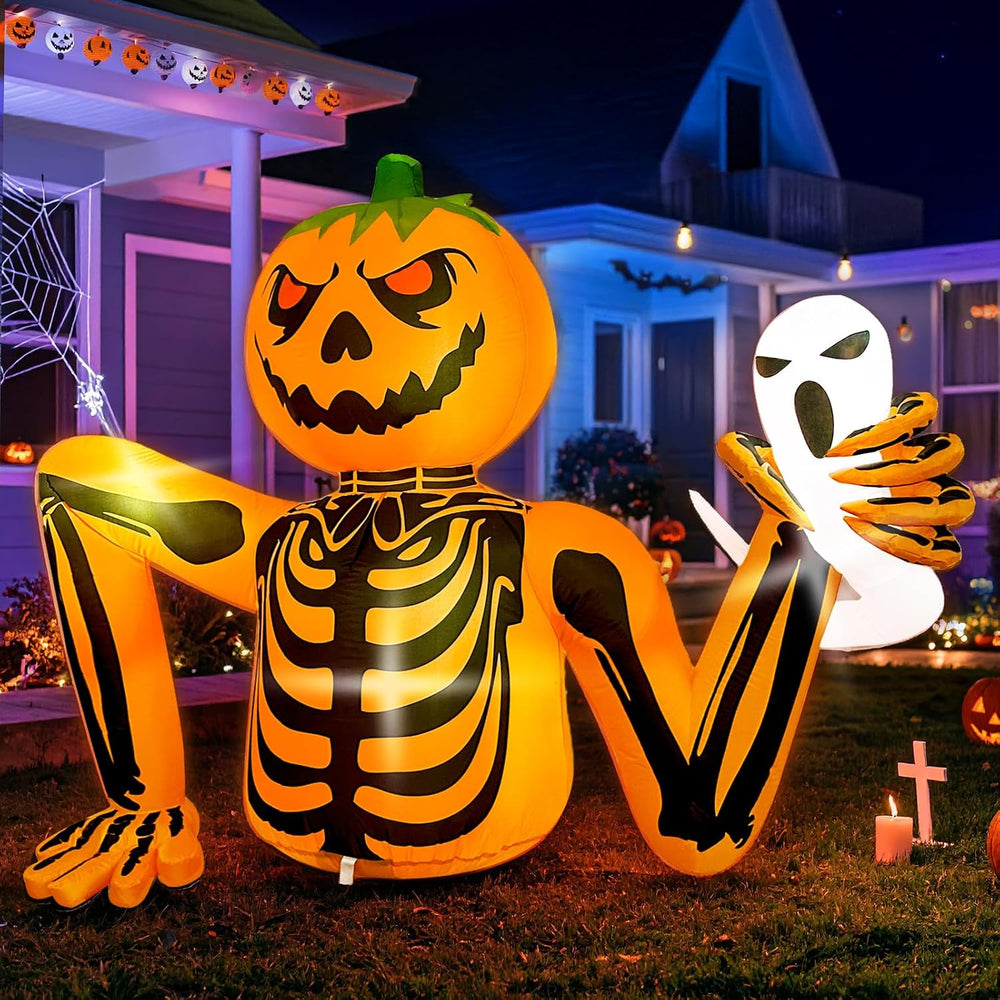 5FT Halloween Pumpkin Inflatable Skeleton with LED Light for Yard Garden