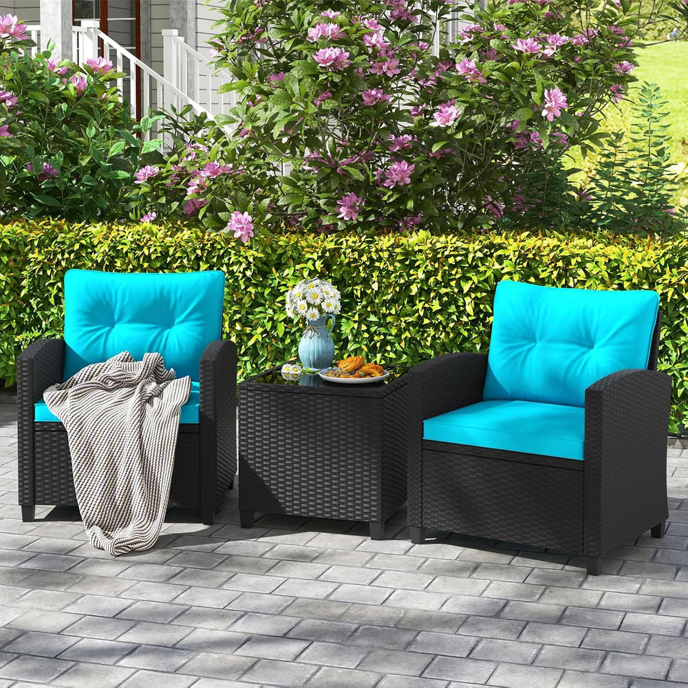 HAPPYGRILL 3 Pieces Wicker Patio Conversation Set, PE Rattan Bistro Sofa Set ...