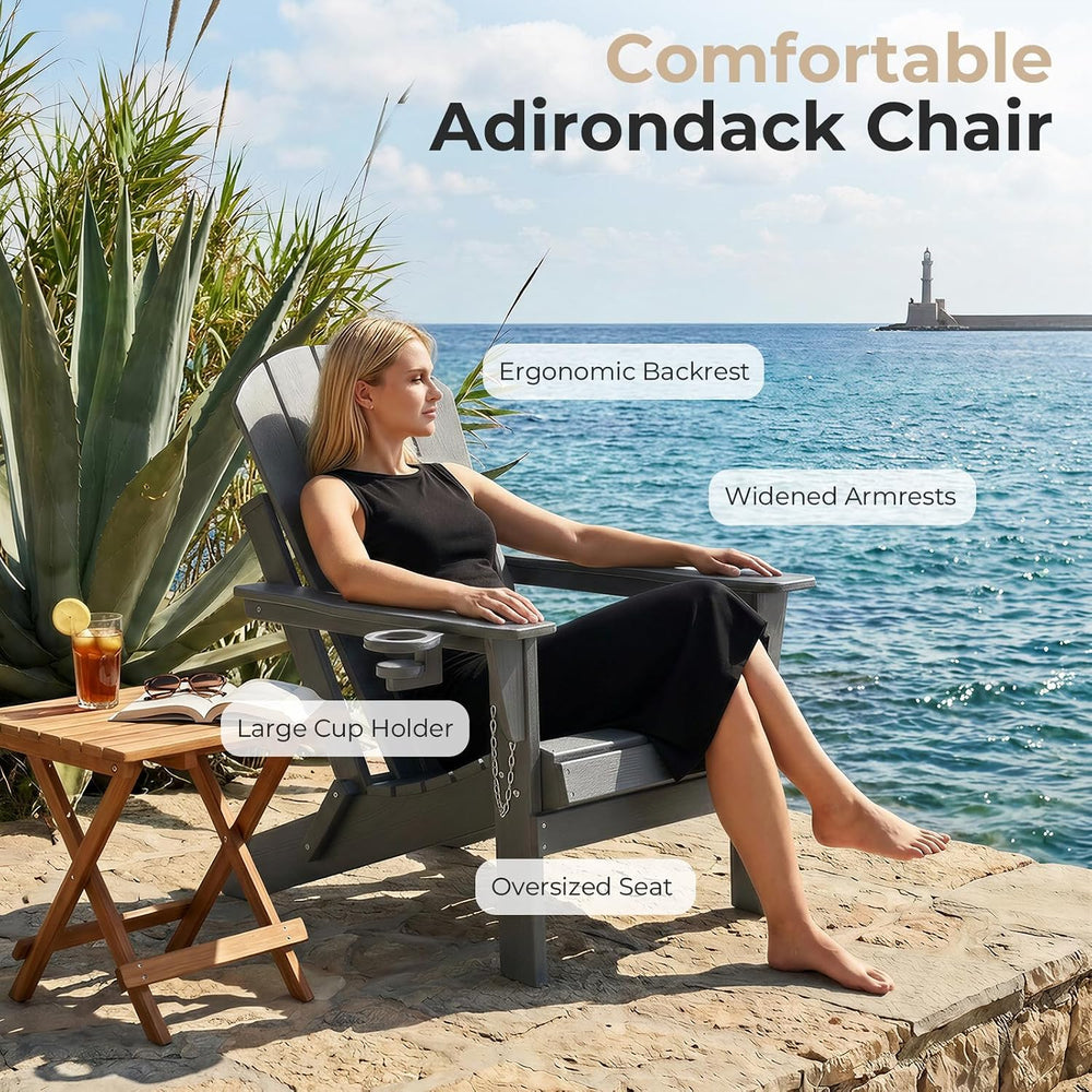 HDPE Adirondack Chair, Folding Outdoor Patio Chair with Cup Holder, Weather R...