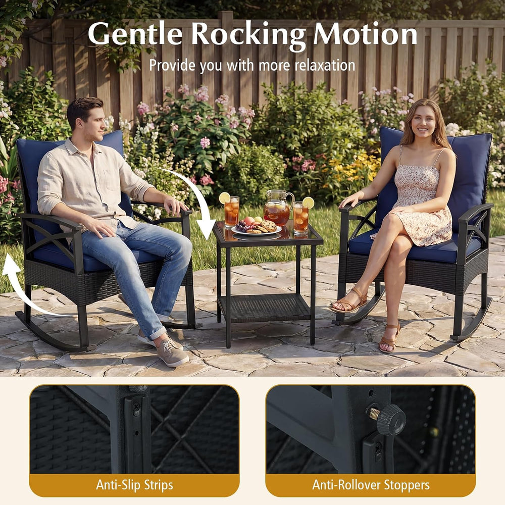HAPPYGRILL 3 Piece Rocking Bistro Set PE Rattan Rocker Chairs with Table and ...