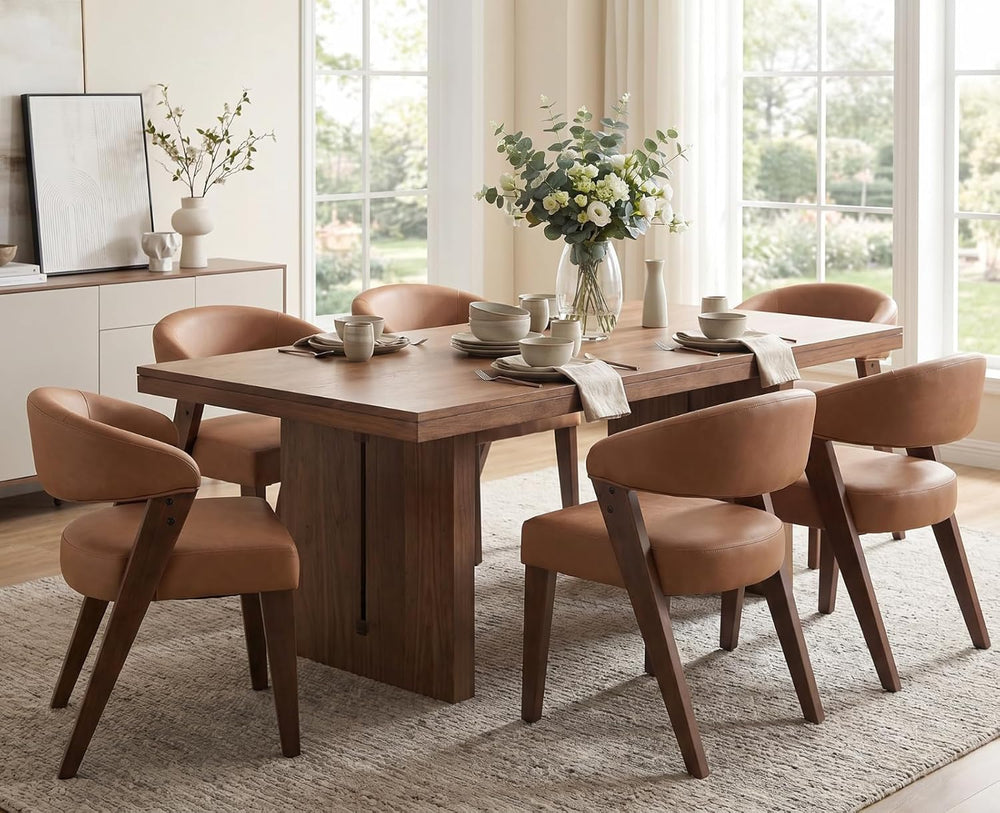 CIMOTA Modern Dining Chairs with Arms Set of 6, PU Brown, Walnut Wood