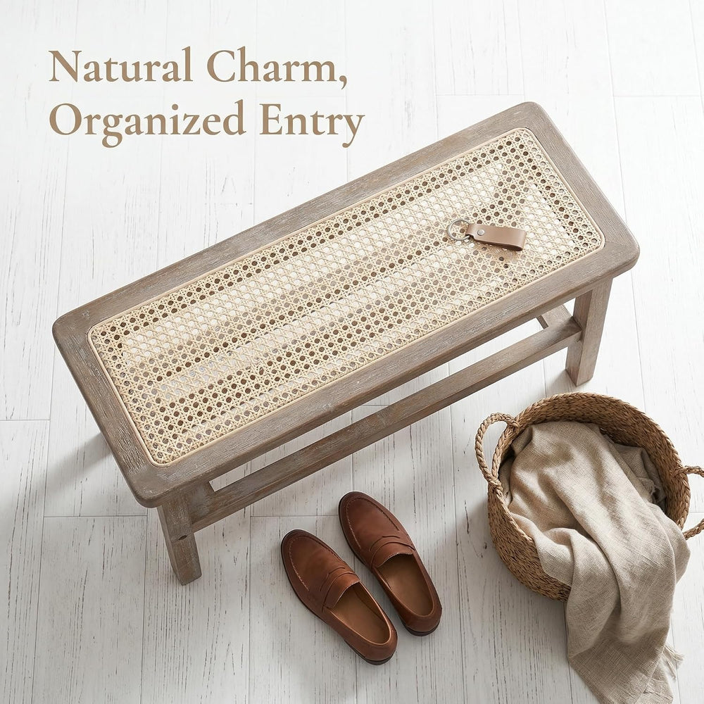 ROCITY 30 Inch Rattan Bench Wooden Entryway Bench with Shoe Rack