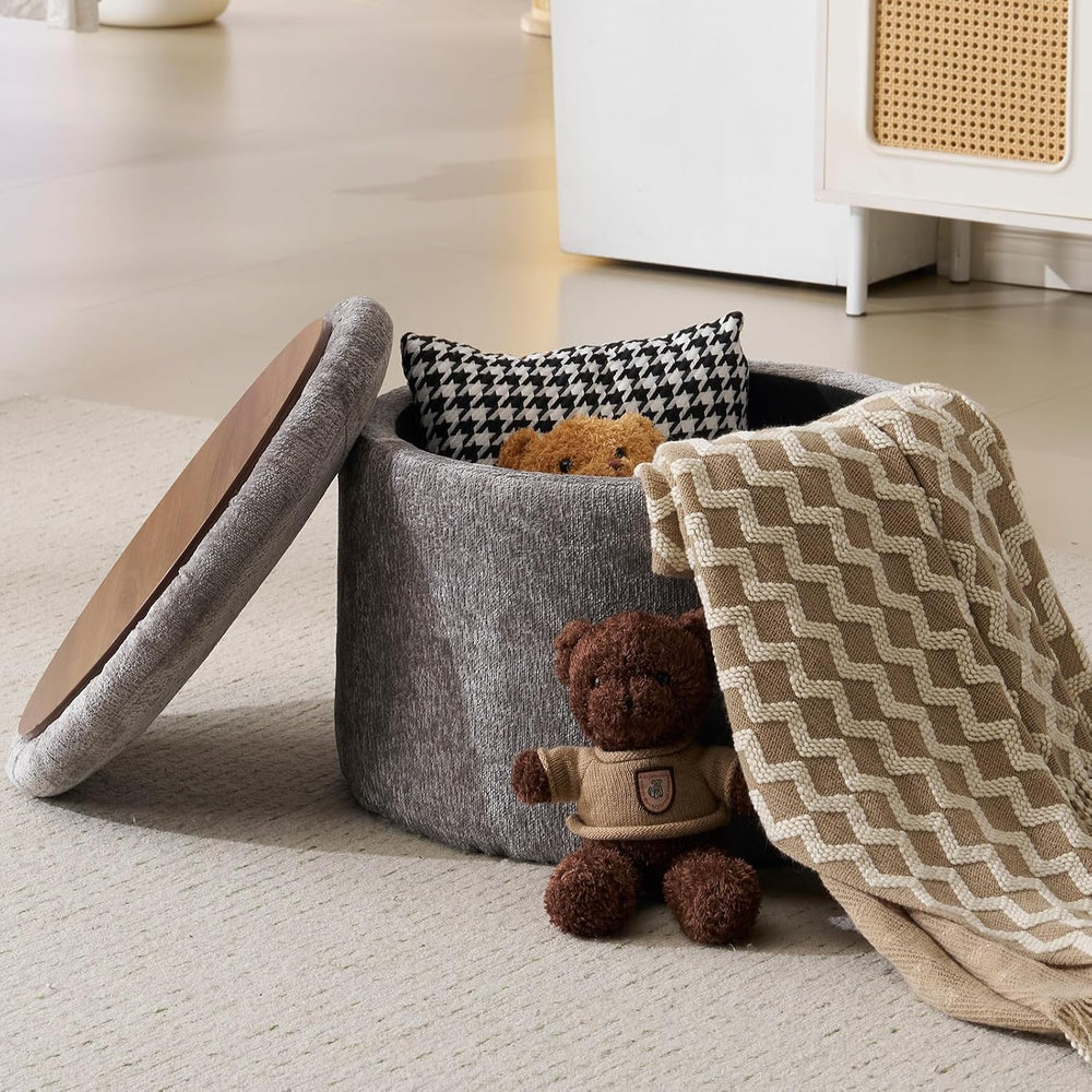 Modern Round Storage Ottoman with Reversible Tray Lid,Chenille Ottoman Foot S...