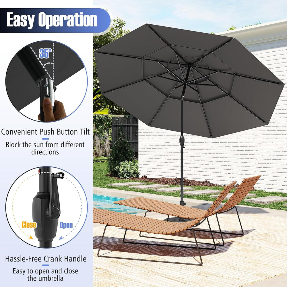 Tangkula 10 FT Solar LED Patio Umbrella, 3-Tier Vented Outdoor Market Table U...