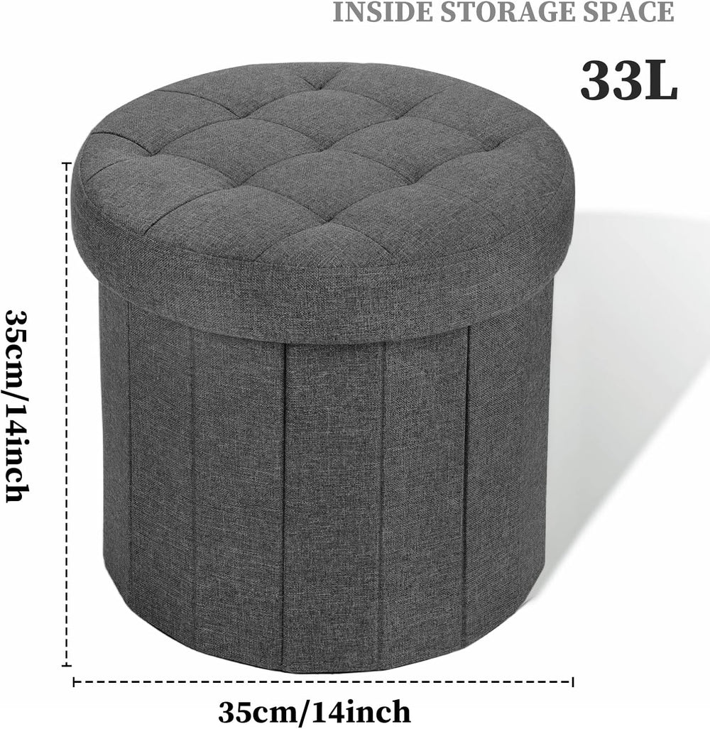 Bsketa Round Storage Ottoman, 14" Folding Linen Foot Stool,Dark Gray 2 Pack