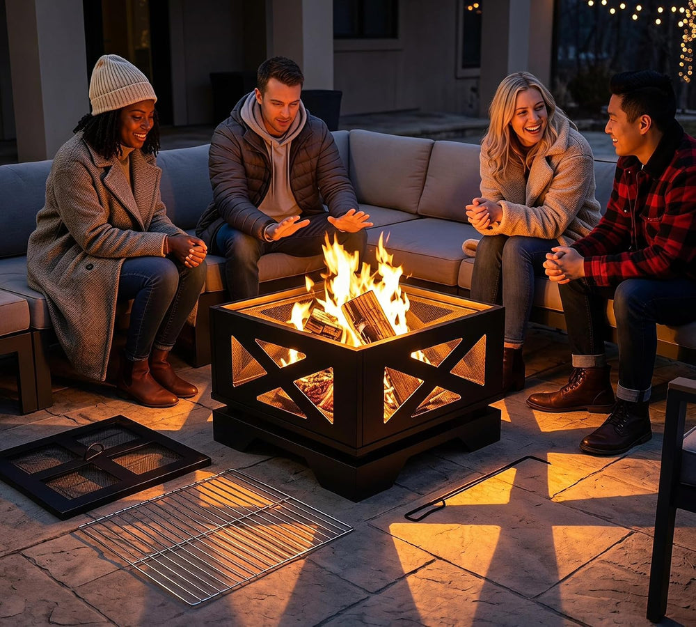 Kingson 20" Square Outdoor Fire Pit with X-Frame Mesh Design, Portable 2...