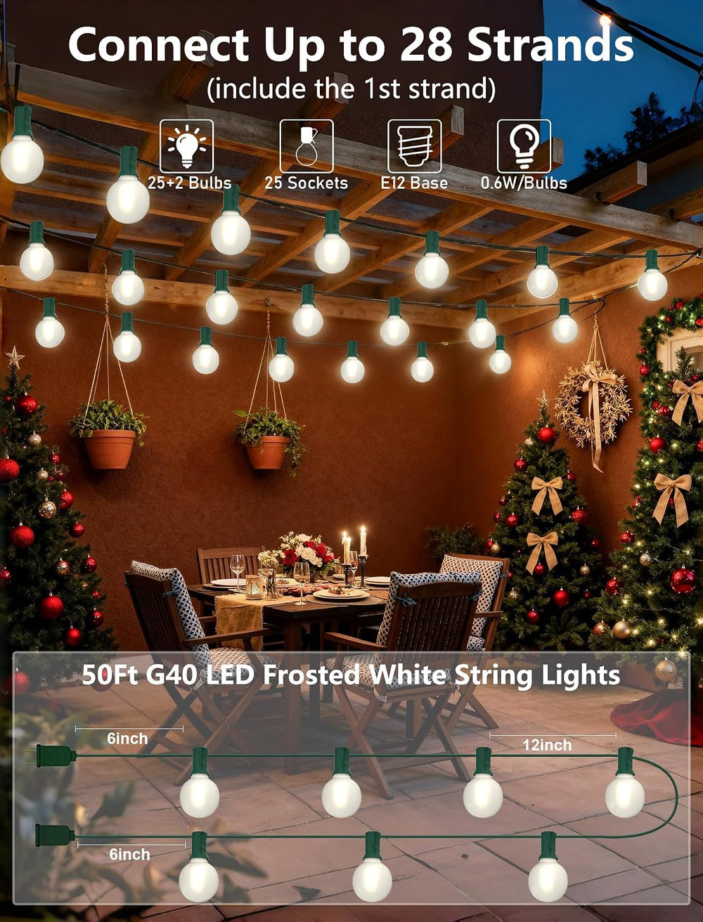 50FT G40 LED Christmas Lights with 27 LED Globe Frosted White Bulbs