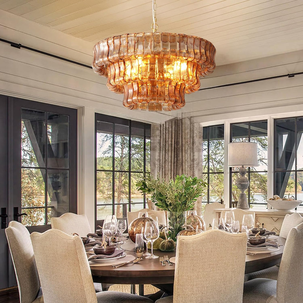 YIOSI Modern Amber Glass Chandelier，23" Gold Round Chandelier for Dining...