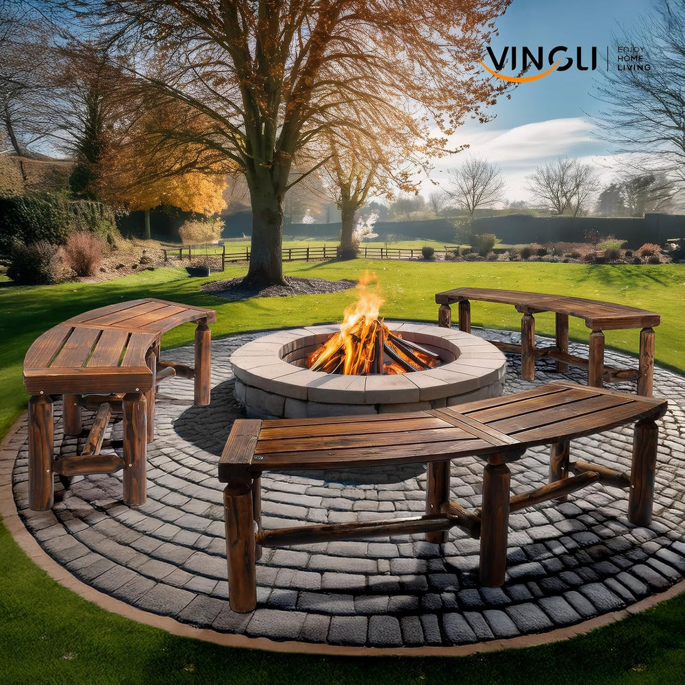 VINGLI Outdoor Bench Wooden Curved Bench, All-Weather Fire Pit Backless Patio...