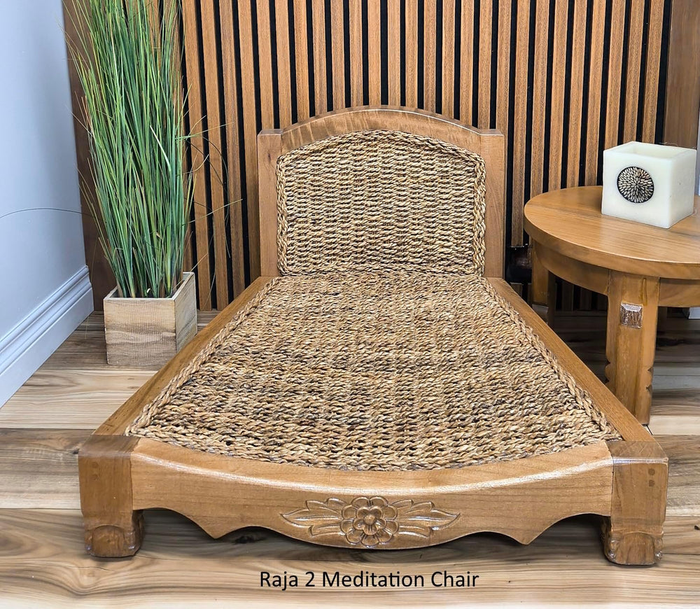 Handcrafted Wooden Meditation Chair with Woven Seagrass Seat, 30 x 28 x 18 in...