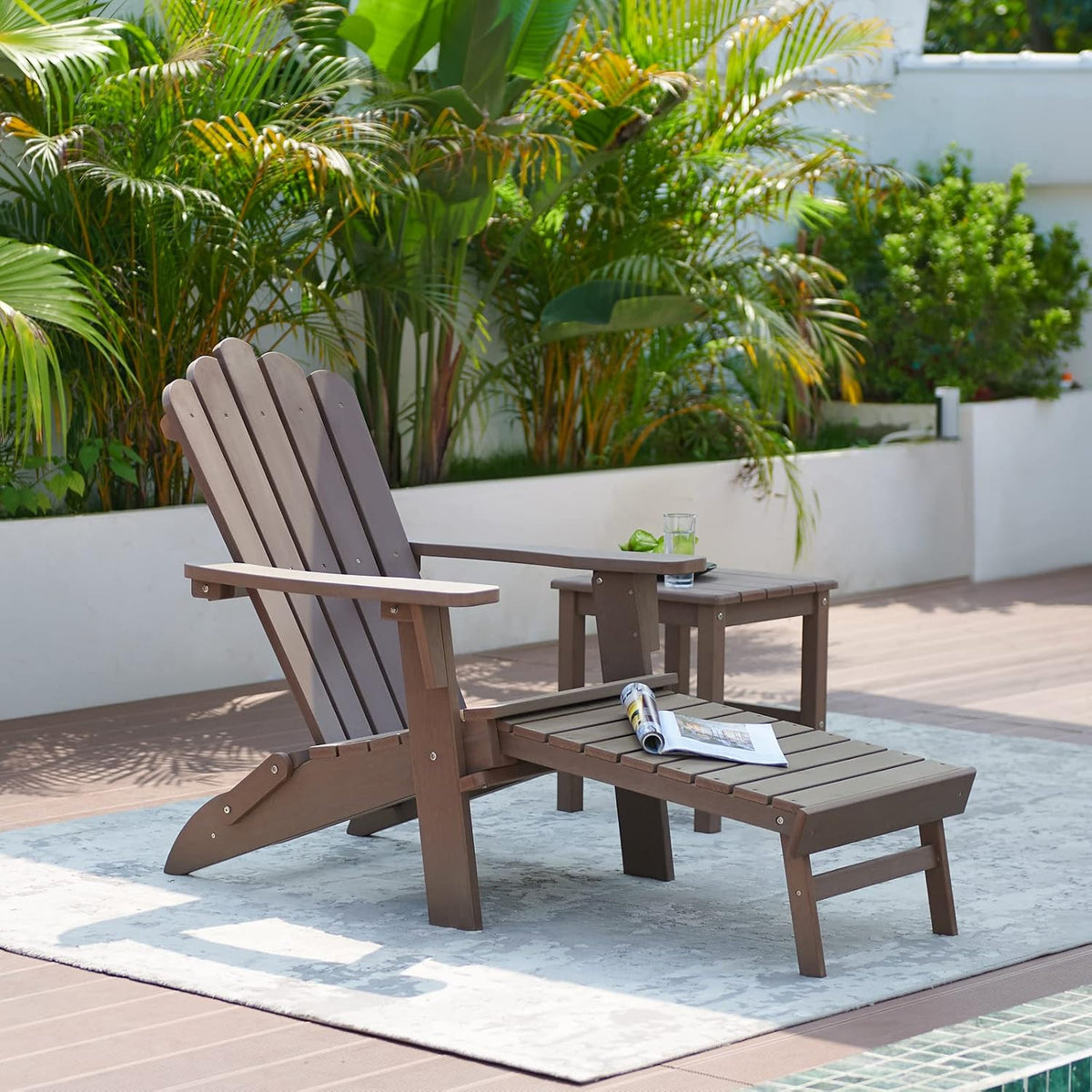 folding adirondack chairs with retractable ottoman, dark brown shown in use
