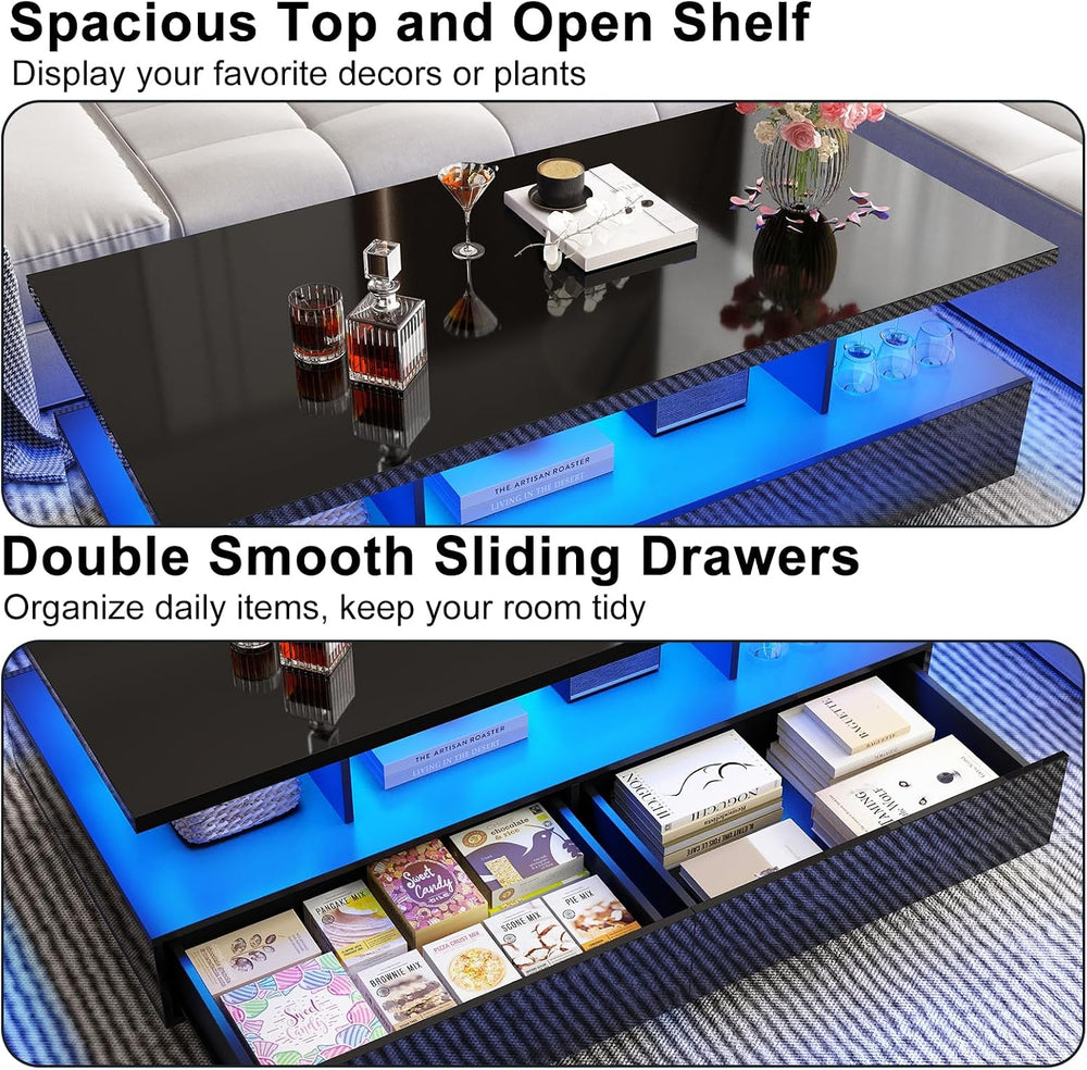 43in Large LED Coffee Table w/ 2 Big Storage Drawers,60,000-color Lights,App ...