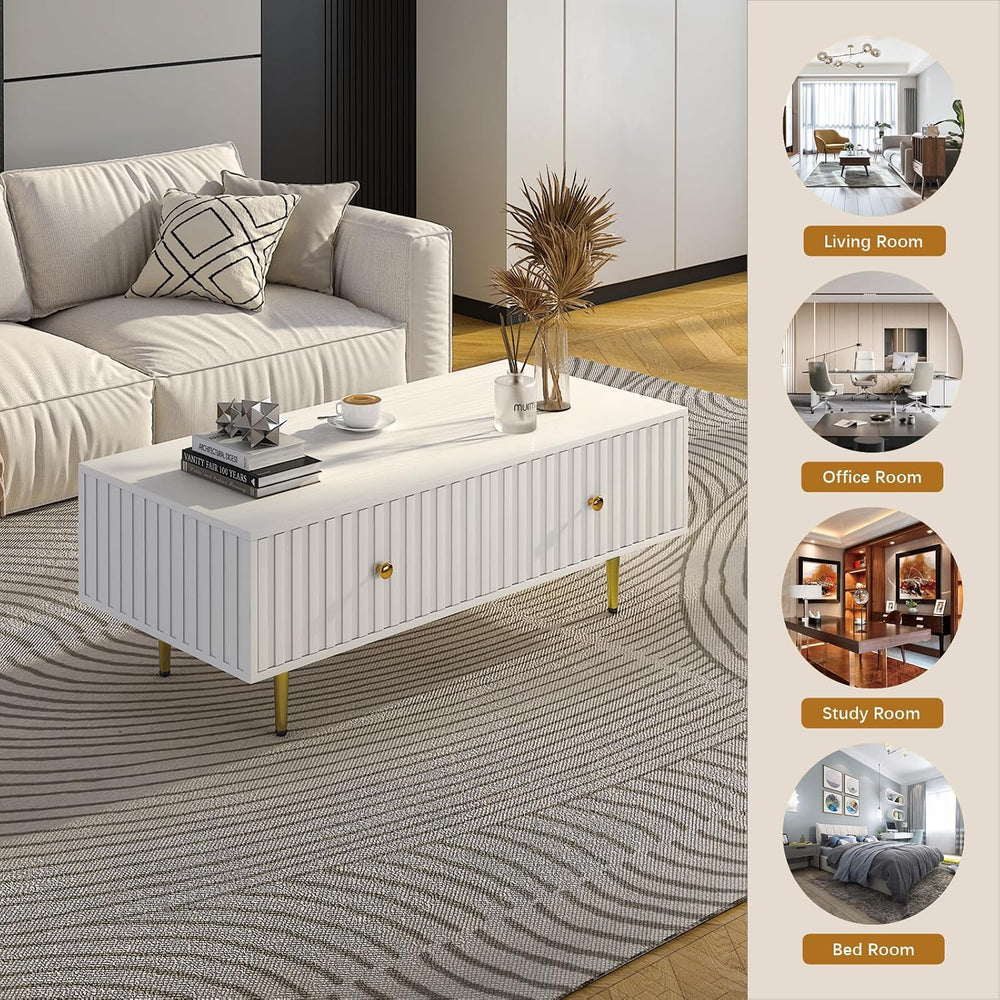 HedoAjim Modern Coffee Table with Storage with 2 Big Drawers, White Rectangle...