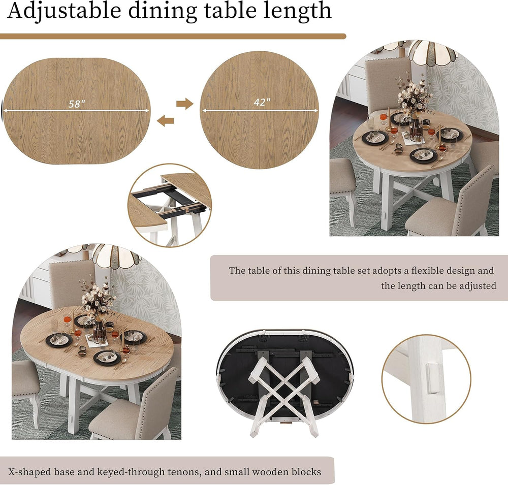 Knocbel Farmhouse 4-Person Extendable Dining Table Set, 5-Piece Dinette Set w...