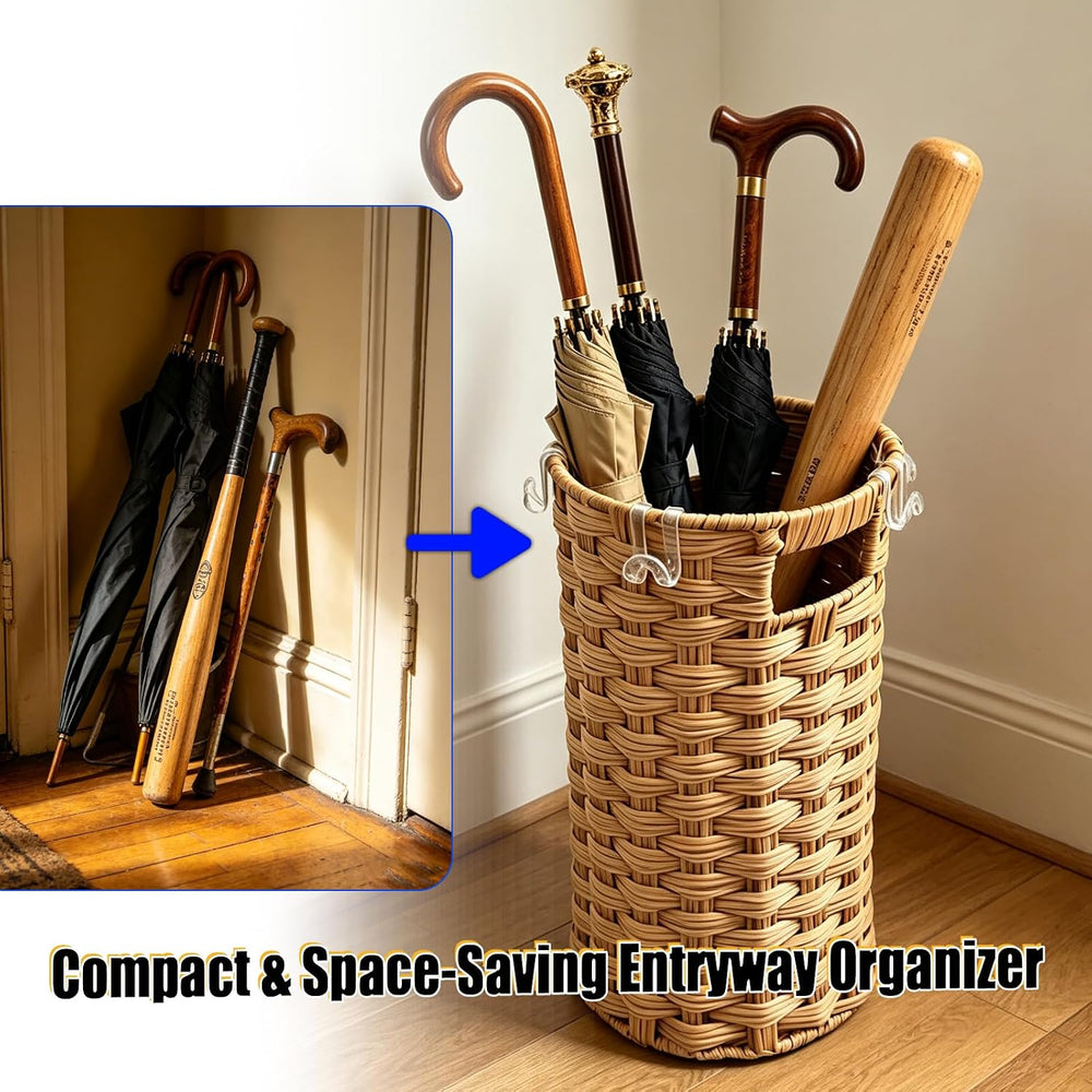Rattan Umbrella Stand with Drip Tray - Hand Woven Entryway Umbrella Holder