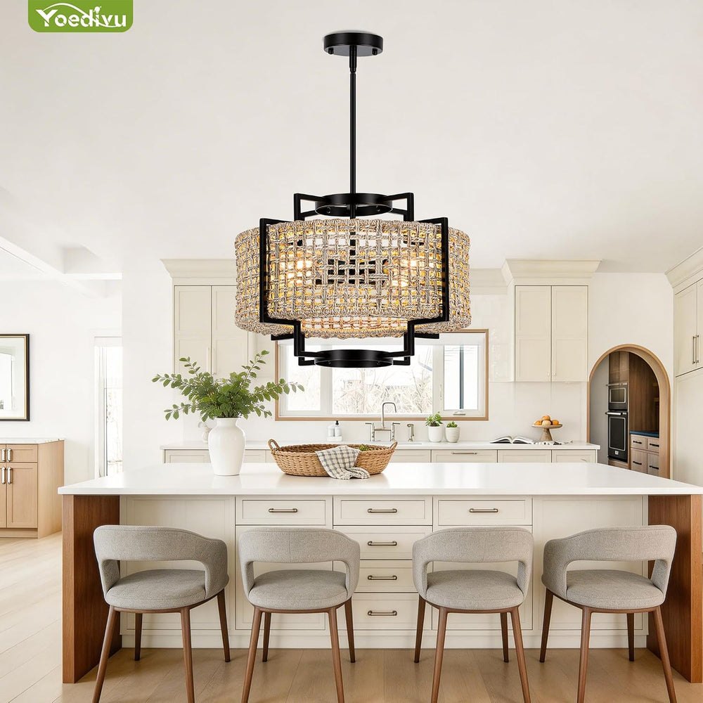 18" Rattan Chandelier, 4-Light Boho Pendant Light for Dining Room