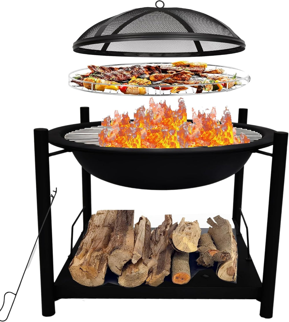 SereneLife Outdoor Wood Fire Pit - 26" Steel BBQ Grill with Mesh Spark S...