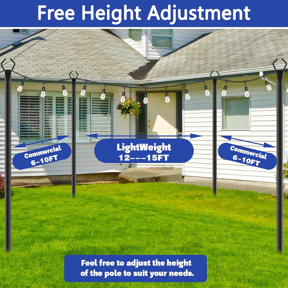 6 Pack 10 ft Heavy Duty Metal String Light Poles Adjustable Outdoor Lighting ...