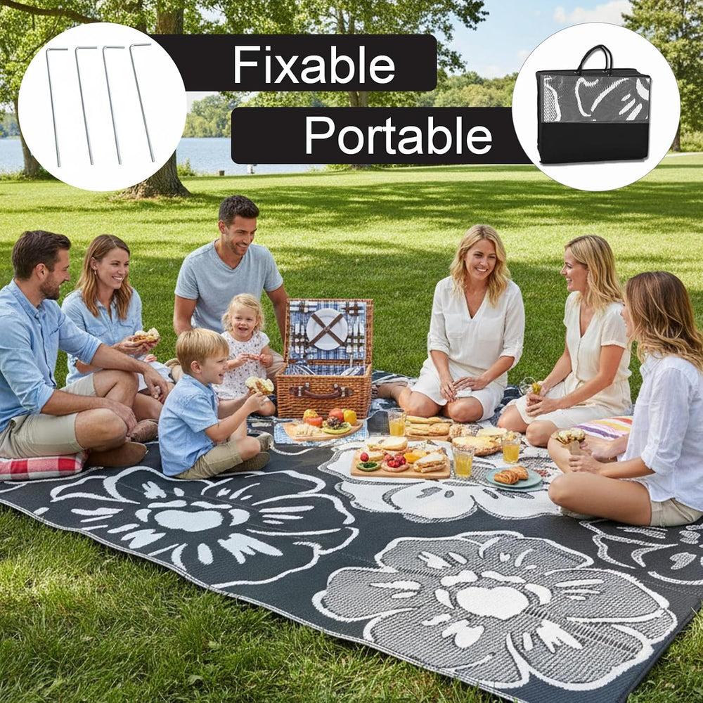 8'x10' Black and White Floral Outdoor Rug, Waterproof Double-Sided
