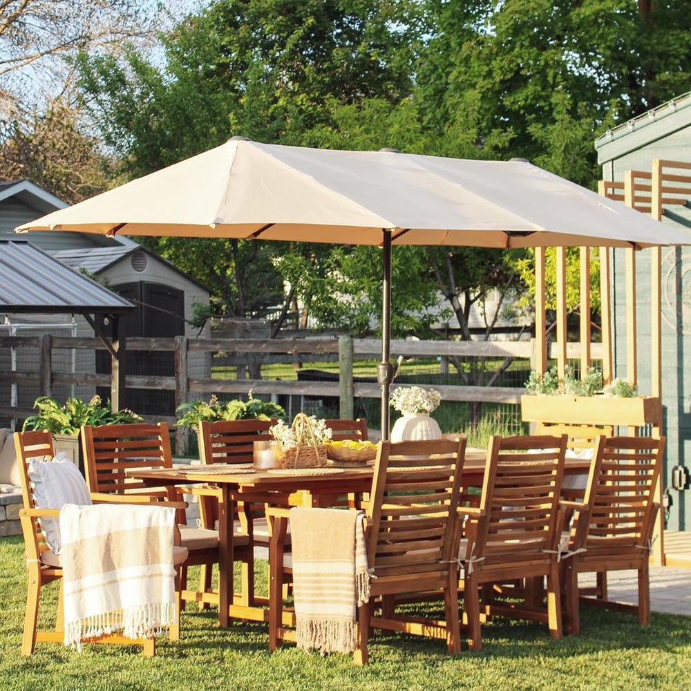 PHI VILLA 9pc Outdoor Dining Set, Expandable Wood Table w/Umbrella Hole