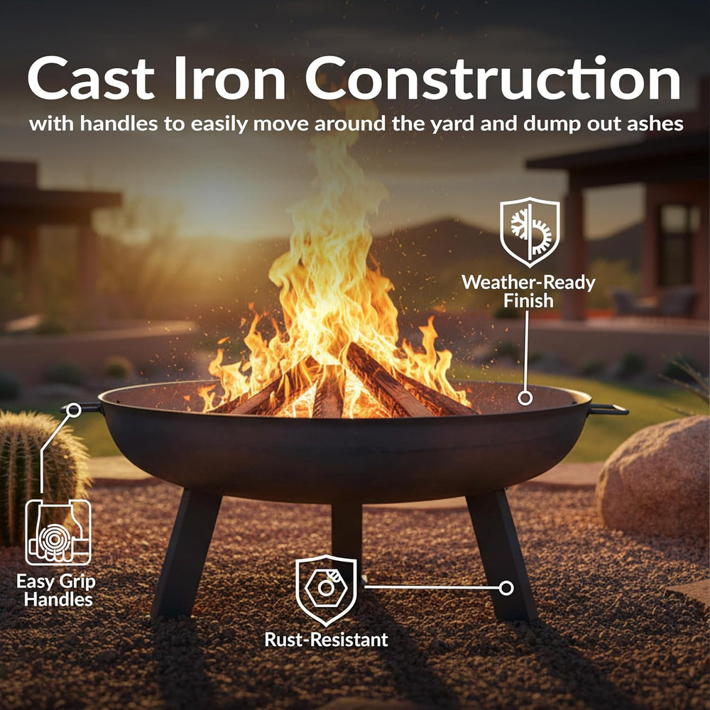 Sunnydaze 30" Heavy-Duty Cast Iron Fire Pit Bowl for Outside, Wood-Burning