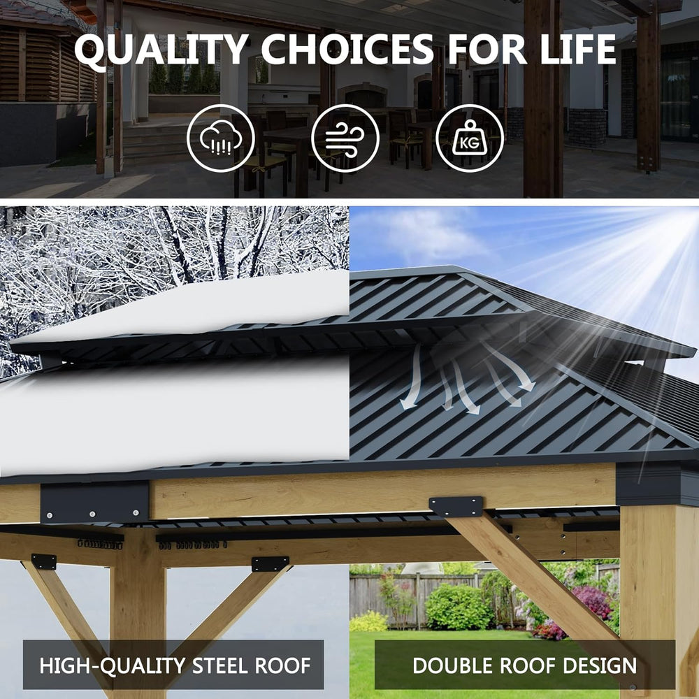13x15FT Wood Gazebo,Outdoor Wooden Gazebo with Glavanized Steel Double Roof, ...