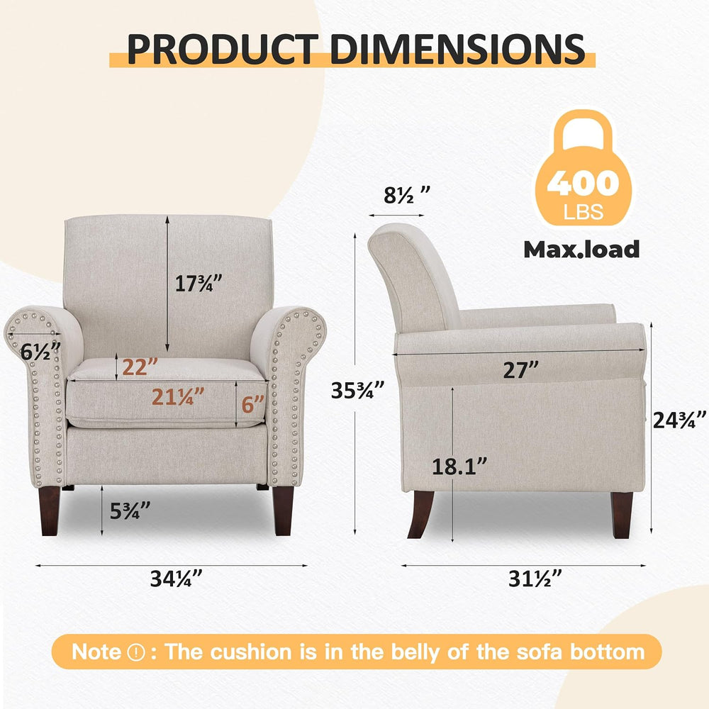 PrimeZone Comfy Accent Chairs Set of 2, Mid-Century Modern Arm Chair, Beige
