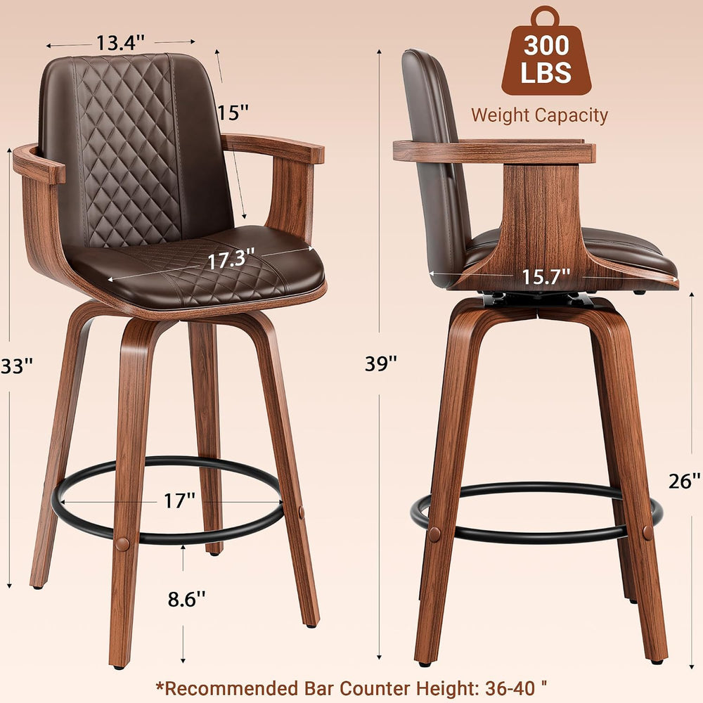 REONEY Barstools Set of 1, 26inch Counter Height Swivel Bar Chairs, Brown