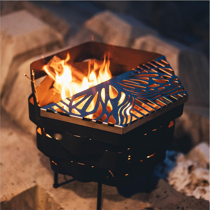 Fire Pit, Halo Fire Place Outdoor Portable Wood Fire Pits Includes A Grill, A Bag, Hexagonal Fireplace for Patio Camping Gift (Hot-Rolled Steel Firepit with a Grill, Large)