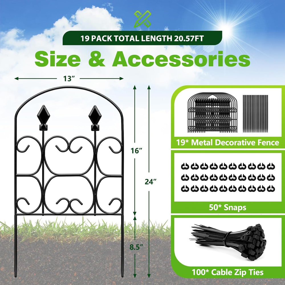 19 Pack Decorative Garden Fence Panels – 24in(H) x 20.57ft(L) Black Metal Fen...
