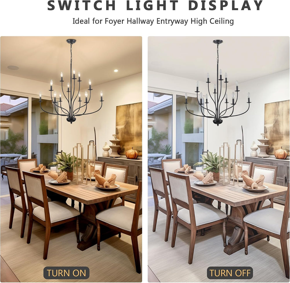 Black Chandelier 12 Light, Large Farmhouse Chandelier for Dining Room