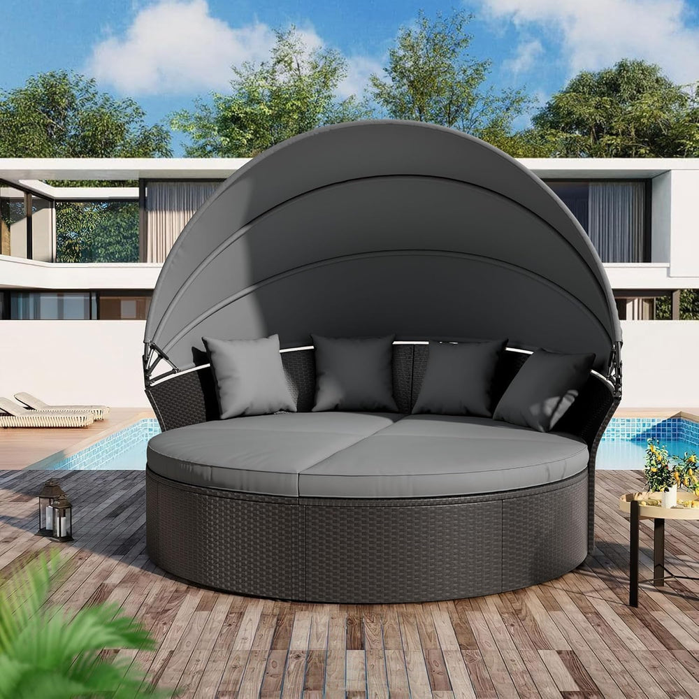 Patio Round Daybed with Canopy, Outdoor Wicker Rattan Sectional Sofa Set with...