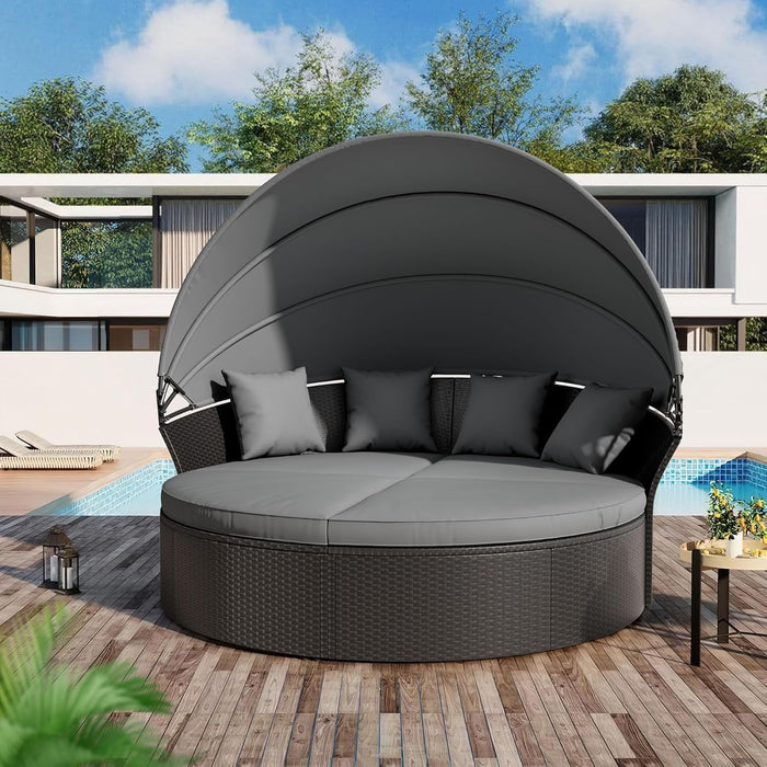 Patio Round Daybed with Canopy, Outdoor Wicker Rattan Sectional Sofa Set with Cushions, Patio Conversation Set for Backyard, Porch, Pool (Black)