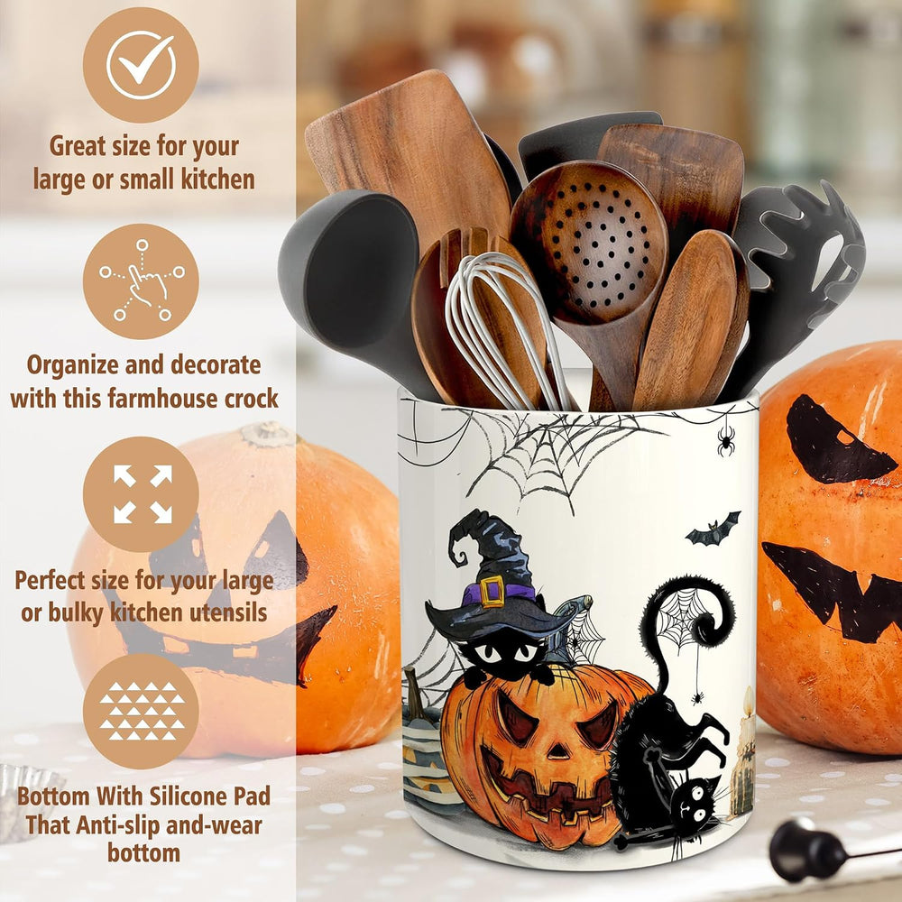 pinata Halloween Kitchen Decor, Ceramic Halloween Cat Utensil Holder